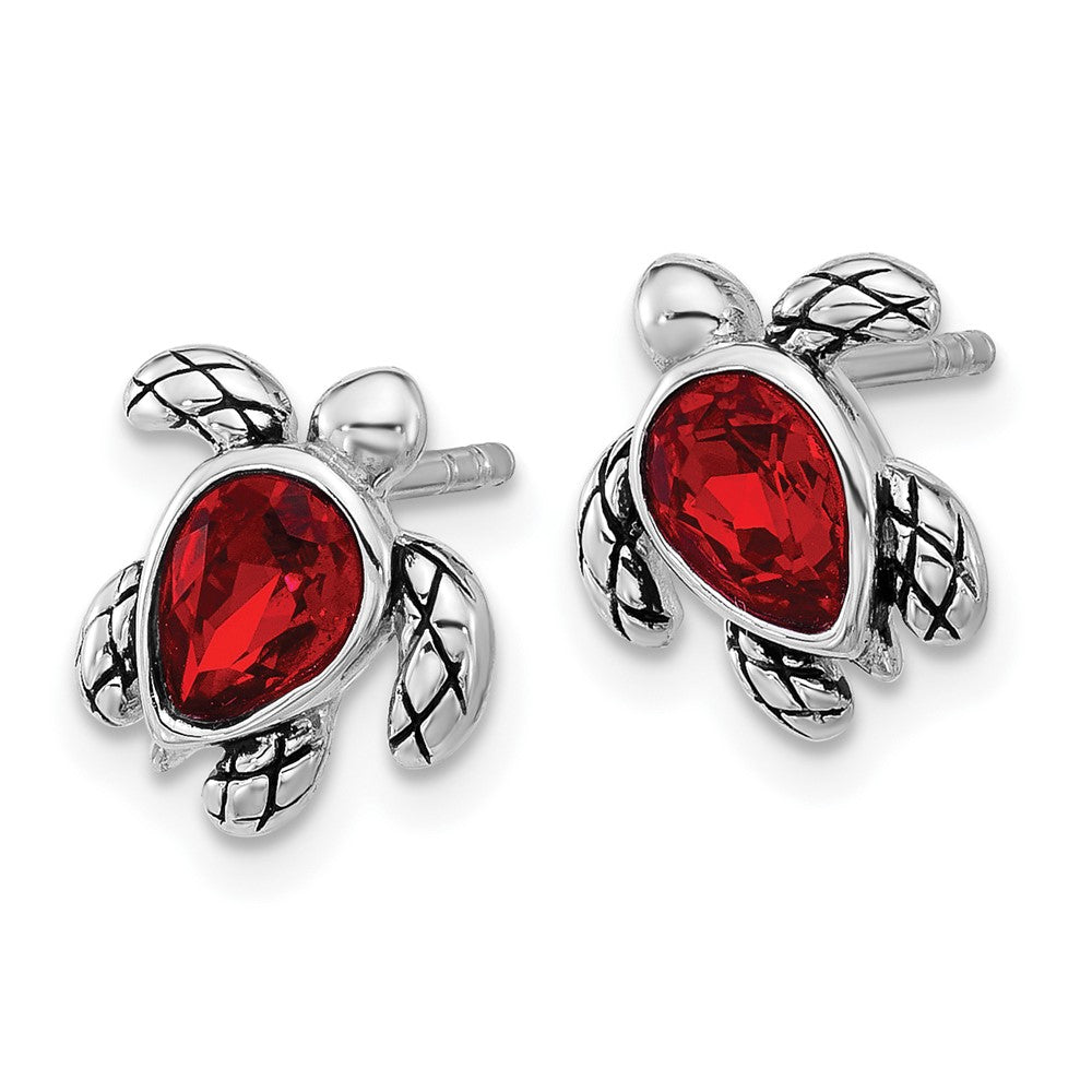 Sterling Silver RH-plated Antiqued Crystal July Birthstone Turtle Earrings