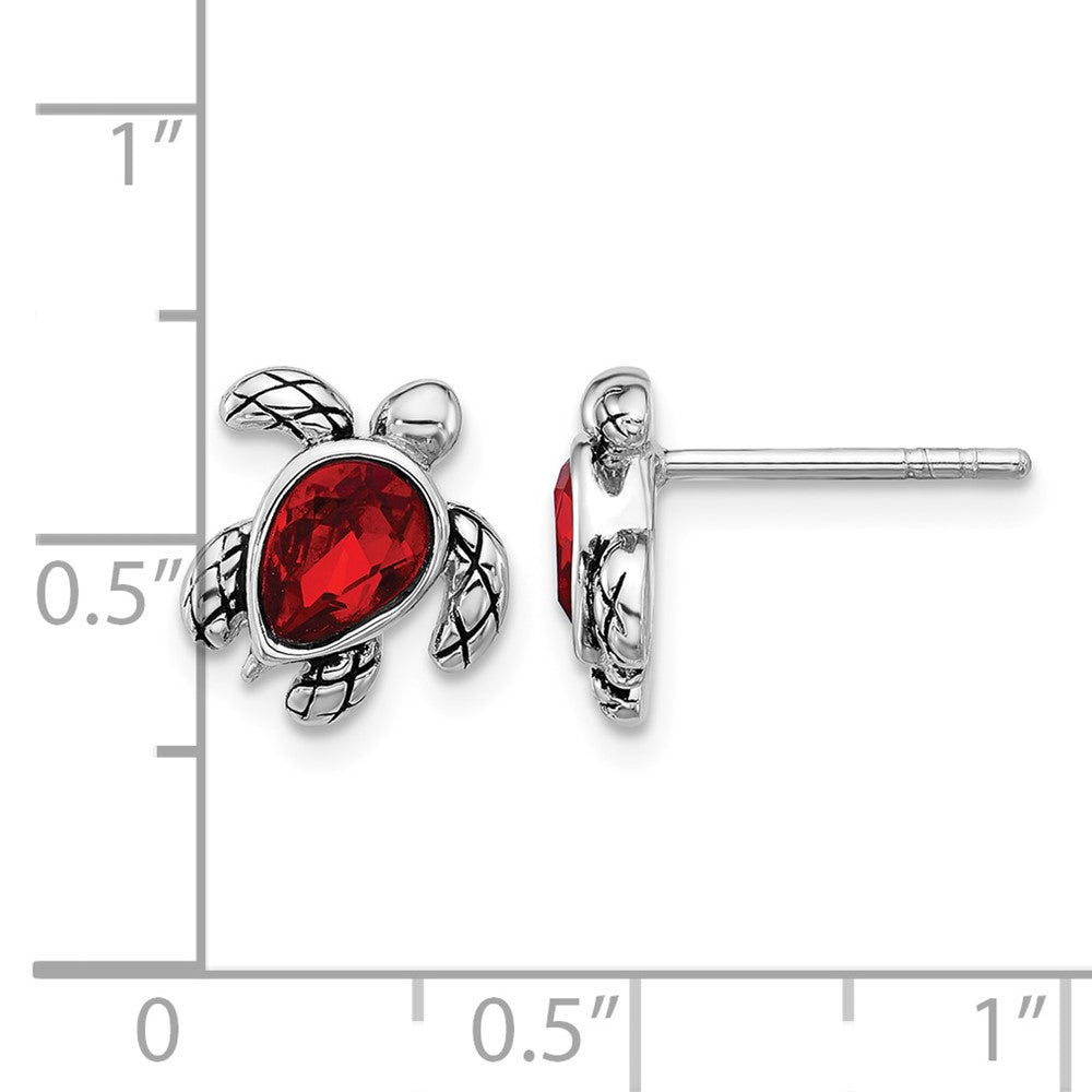Sterling Silver RH-plated Antiqued Crystal July Birthstone Turtle Earrings