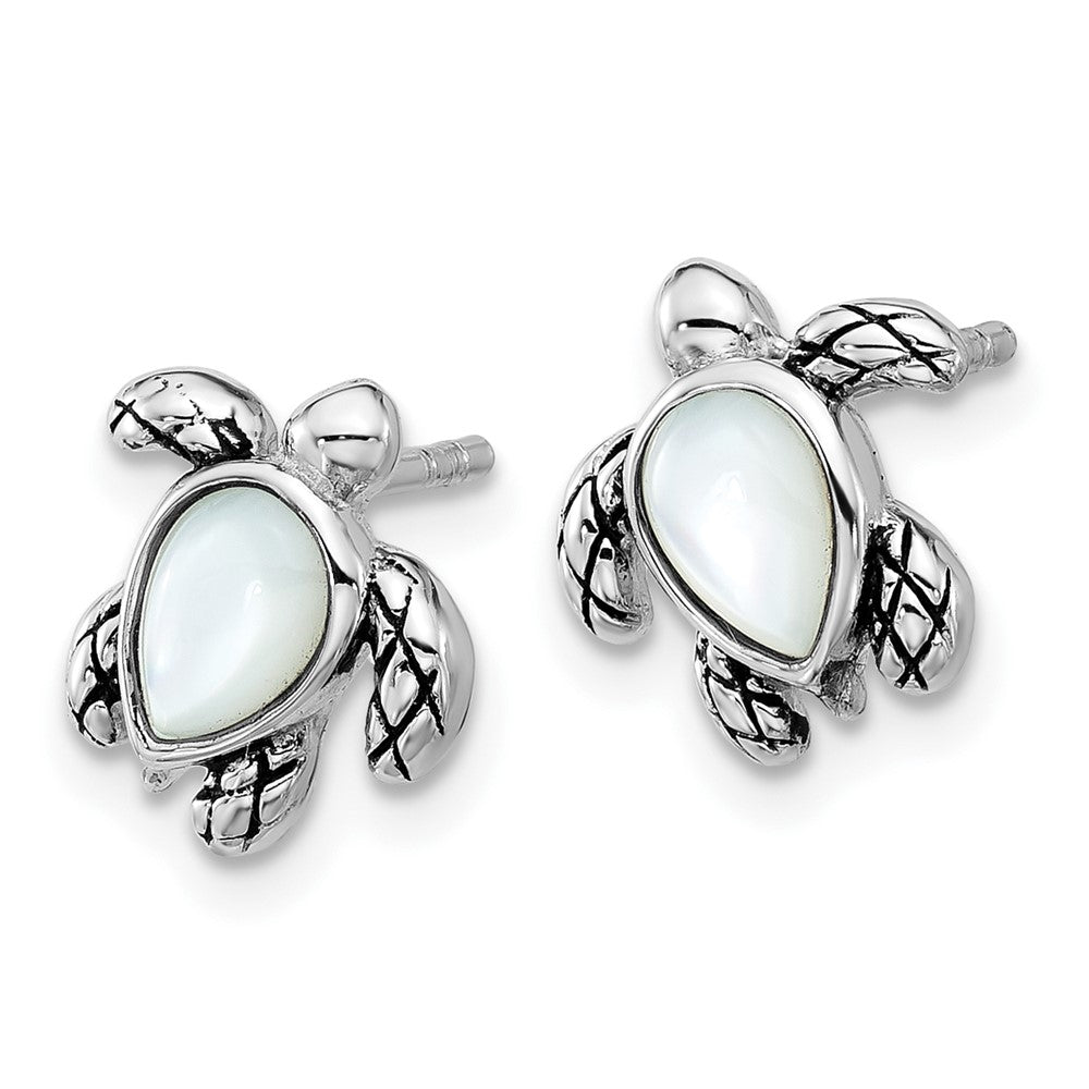 Sterling Silver RH-plated Antiqued MOP June Birthstone Turtle Earrings