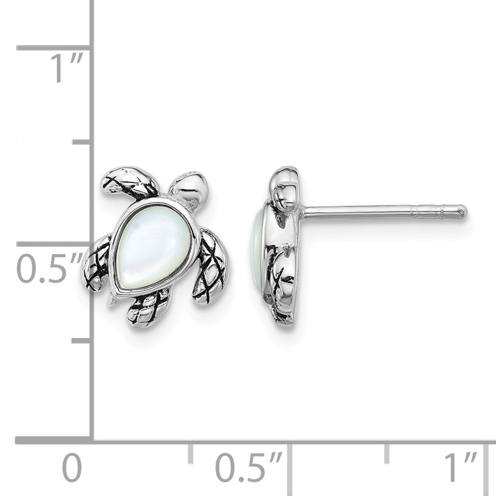 Sterling Silver RH-plated Antiqued MOP June Birthstone Turtle Earrings