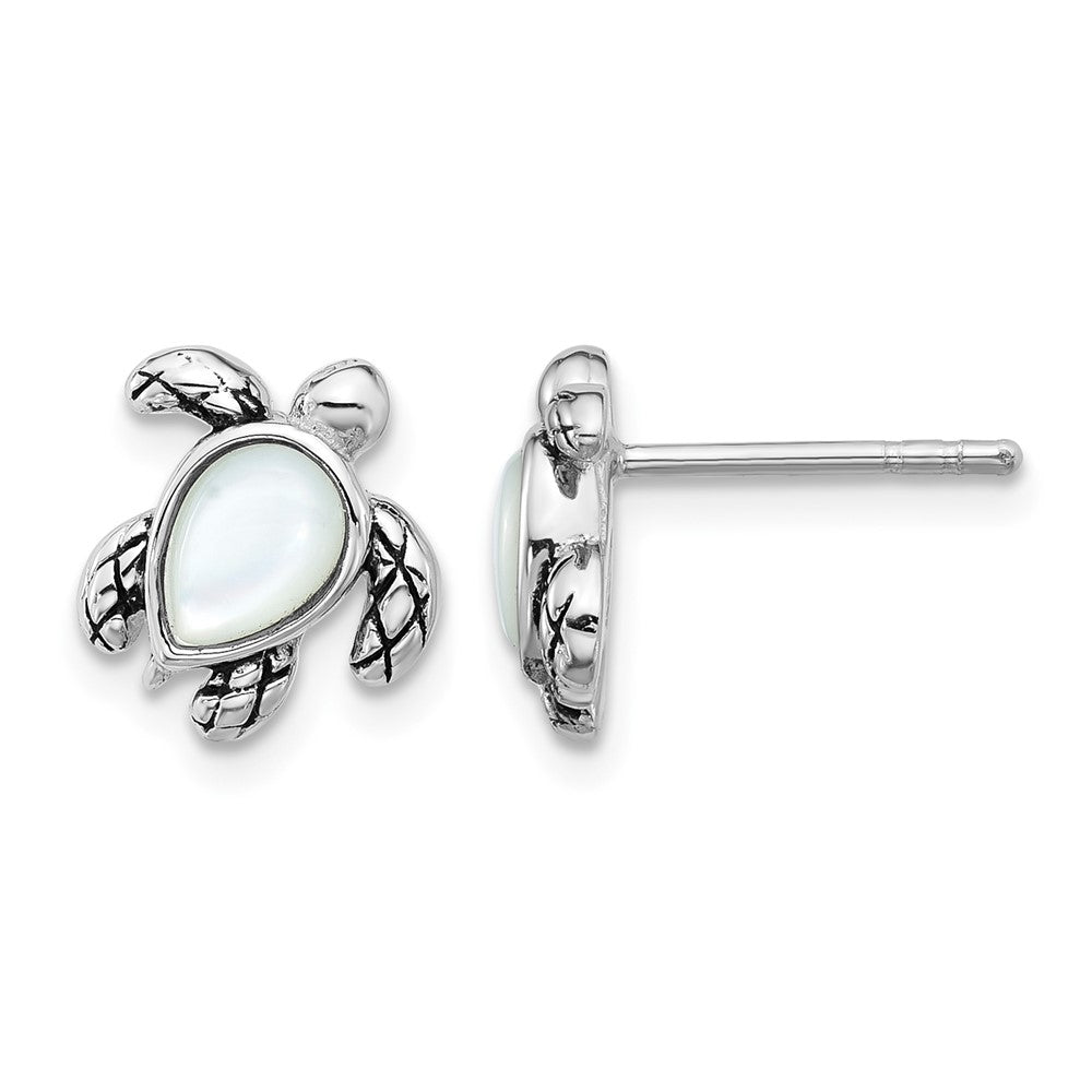 Sterling Silver RH-plated Antiqued MOP June Birthstone Turtle Earrings