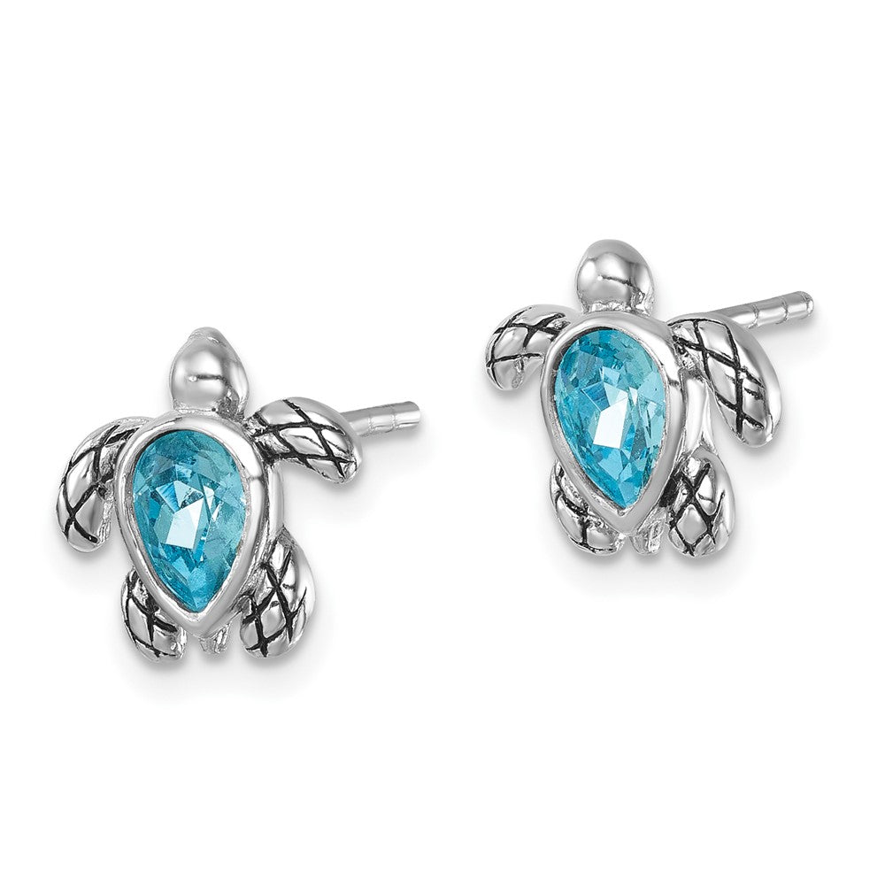 Sterling Silver Rh-plated Antiqued Crystal March Turtle Post Earrings