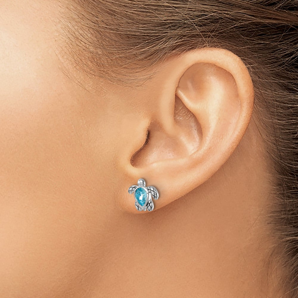 Sterling Silver Rh-plated Antiqued Crystal March Turtle Post Earrings