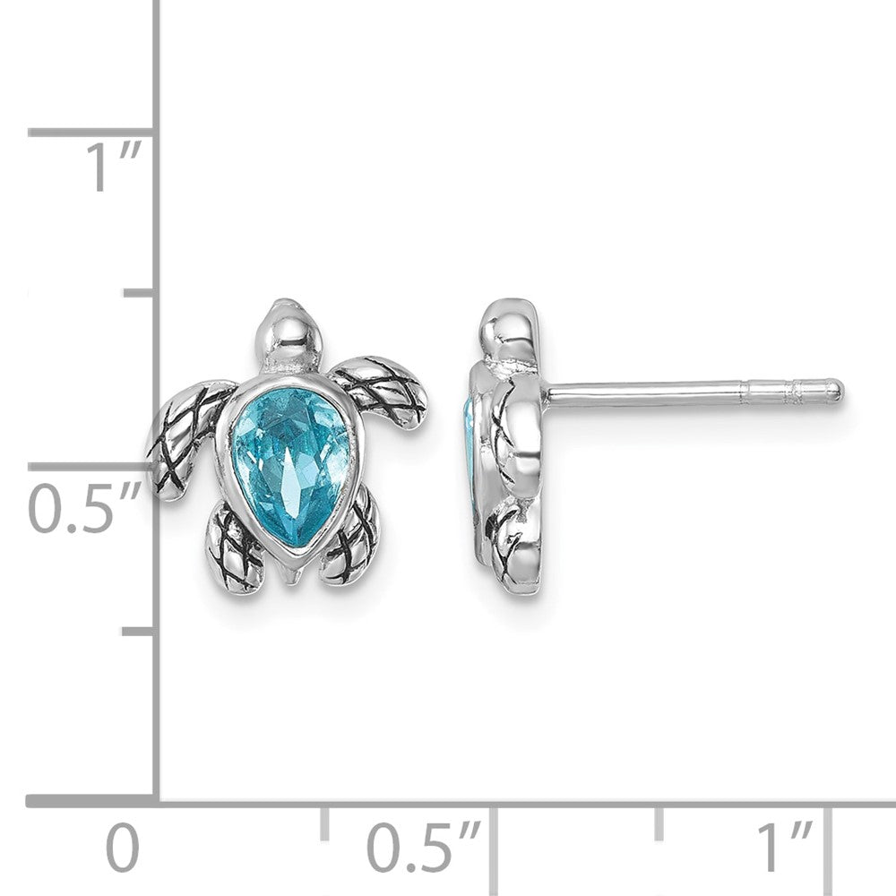 Sterling Silver Rh-plated Antiqued Crystal March Turtle Post Earrings