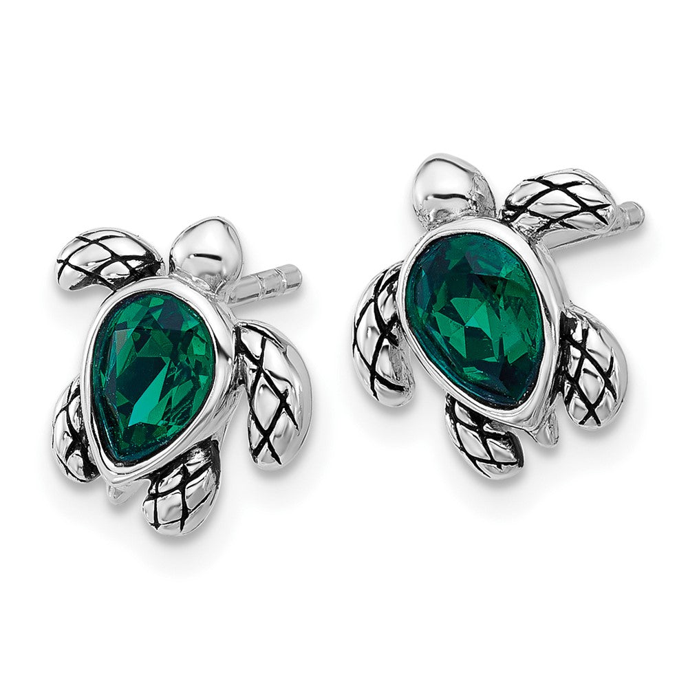 Sterling Silver RH-plated Antiqued Crystal May Birthstone Turtle Earrings