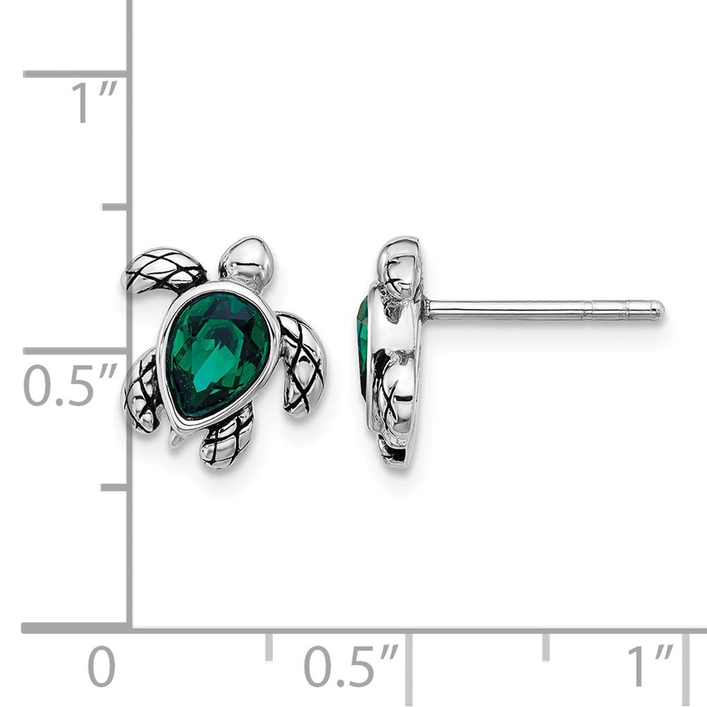 Sterling Silver RH-plated Antiqued Crystal May Birthstone Turtle Earrings