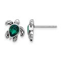Sterling Silver RH-plated Antiqued Crystal May Birthstone Turtle Earrings