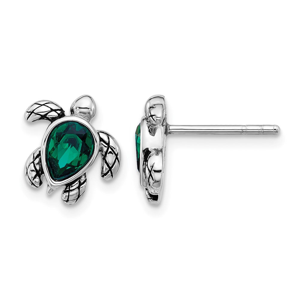 Sterling Silver RH-plated Antiqued Crystal May Birthstone Turtle Earrings