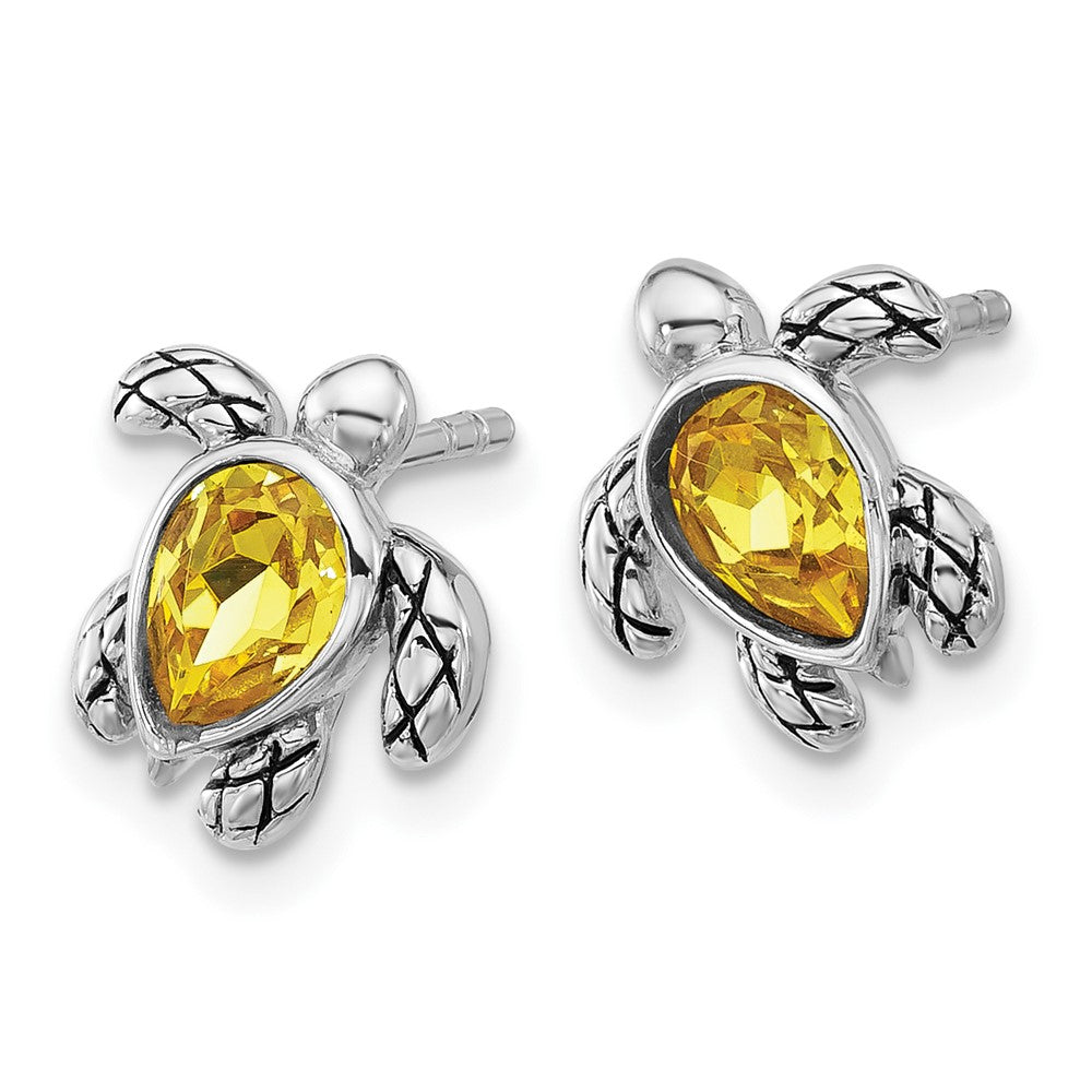 Sterling Silver RH-plated Antiqued Crystal Nov Birthstone Turtle Earrings