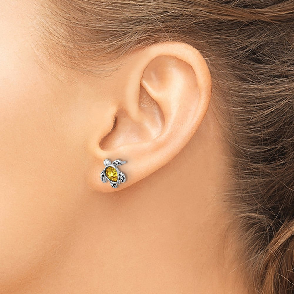 Sterling Silver RH-plated Antiqued Crystal Nov Birthstone Turtle Earrings