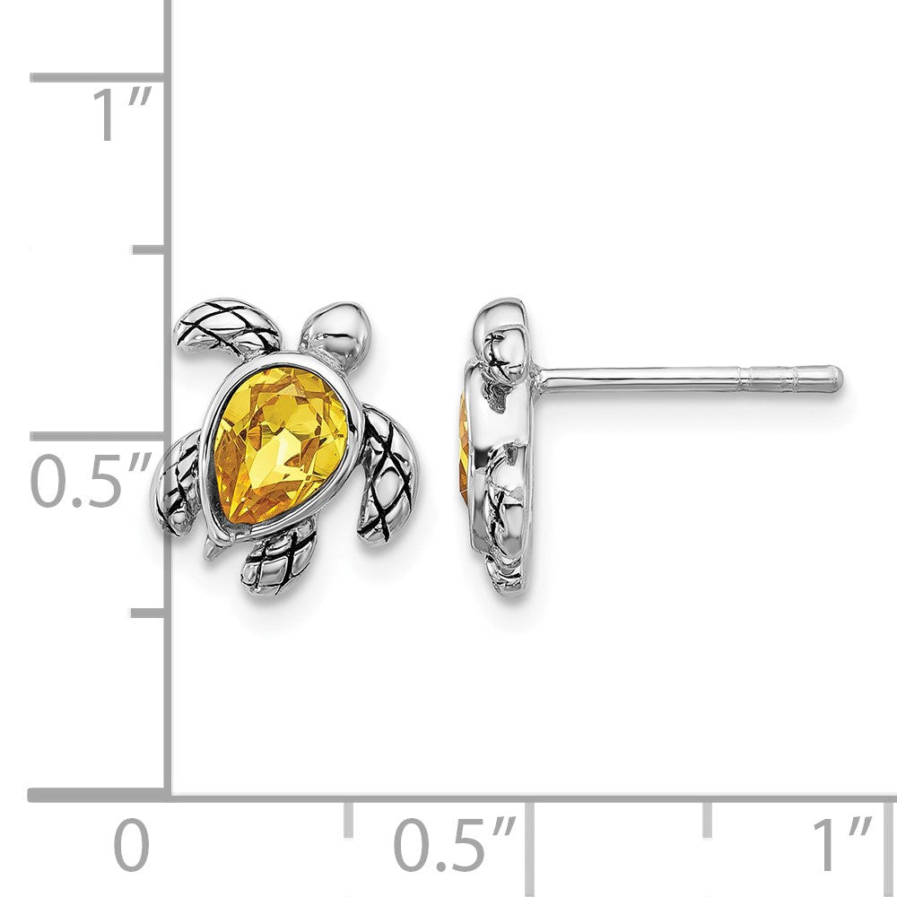 Sterling Silver RH-plated Antiqued Crystal Nov Birthstone Turtle Earrings