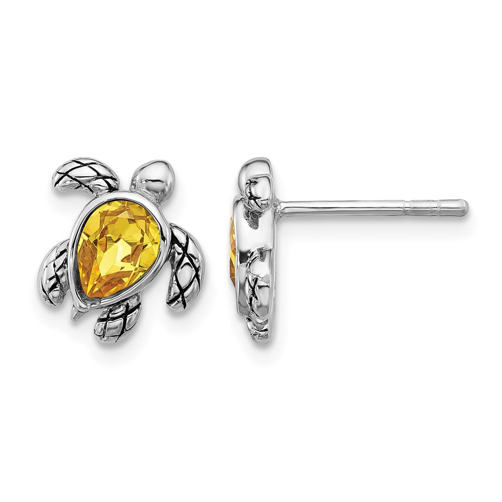 Sterling Silver RH-plated Antiqued Crystal Nov Birthstone Turtle Earrings