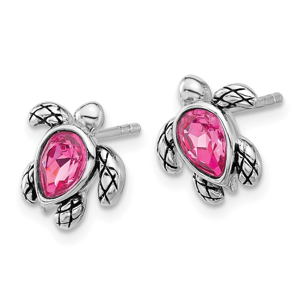 Sterling Silver RH-plated Antiqued Crystal Oct Birthstone Turtle Earrings