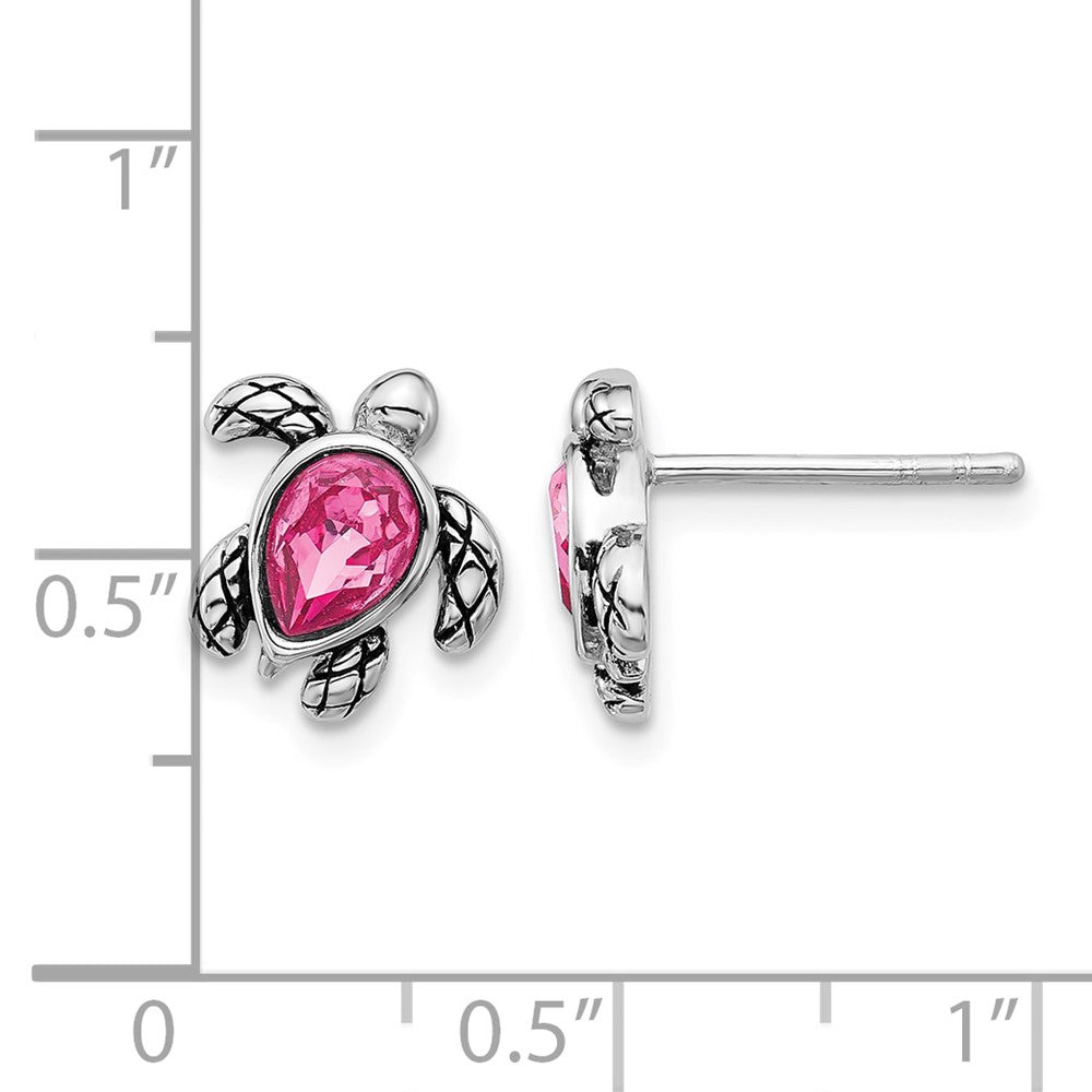 Sterling Silver RH-plated Antiqued Crystal Oct Birthstone Turtle Earrings