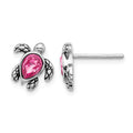 Sterling Silver RH-plated Antiqued Crystal Oct Birthstone Turtle Earrings
