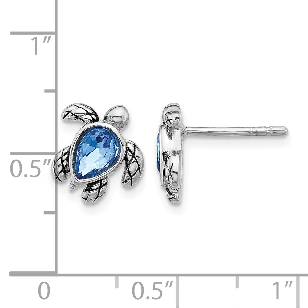 Sterling Silver RH-plated Antiqued Crystal Sep Birthstone Turtle Earrings
