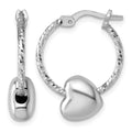 Sterling Silver Rh-plated Twisted D/C w/ Heart Bead Hoop Earrings