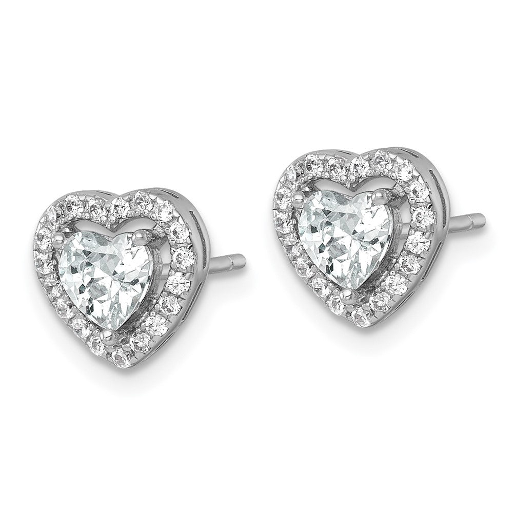 Sterling Silver RH-plated Polished 9mm Heart Halo CZ Post Earrings