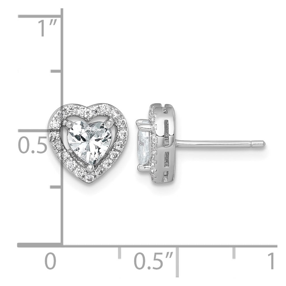 Sterling Silver RH-plated Polished 9mm Heart Halo CZ Post Earrings
