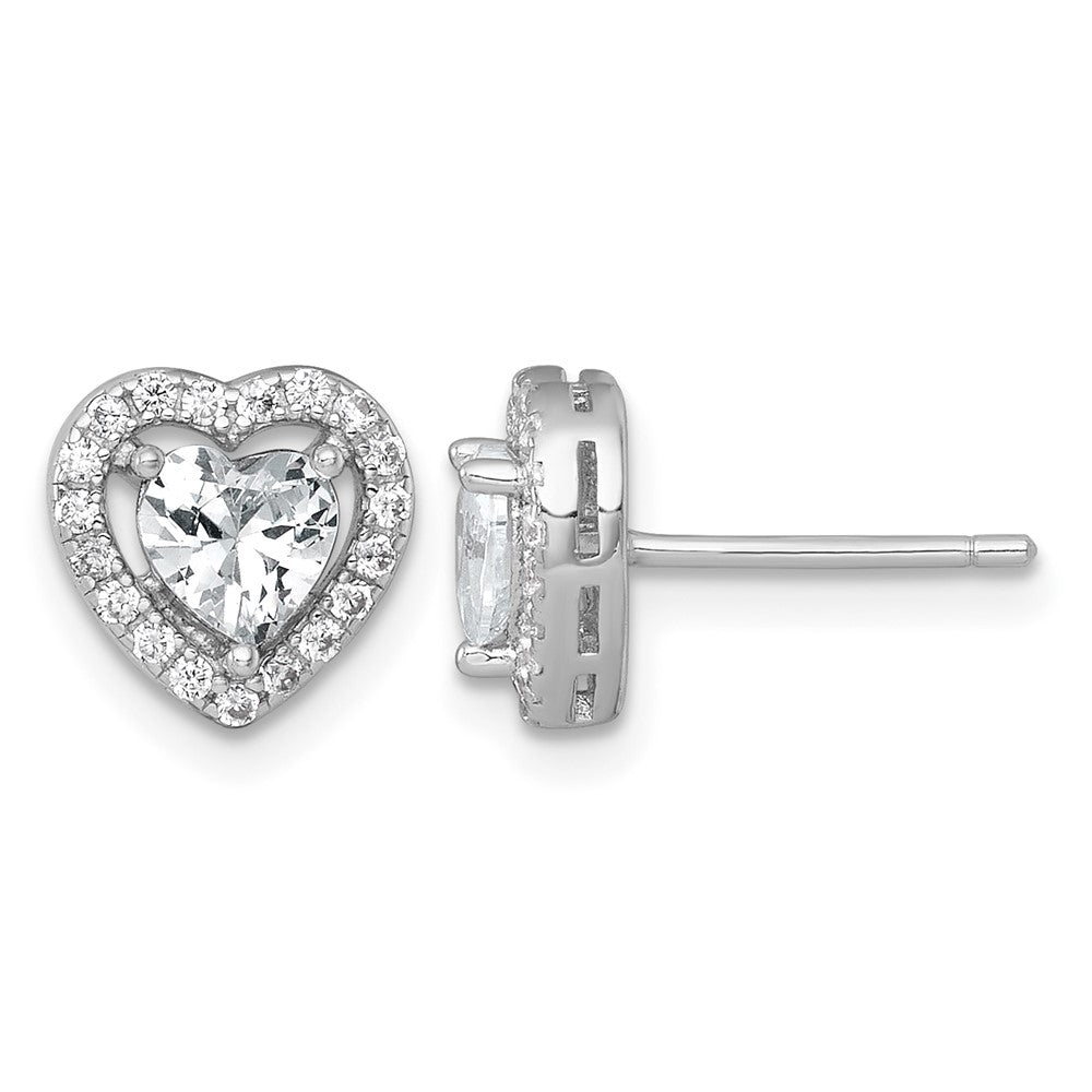 Sterling Silver RH-plated Polished 9mm Heart Halo CZ Post Earrings