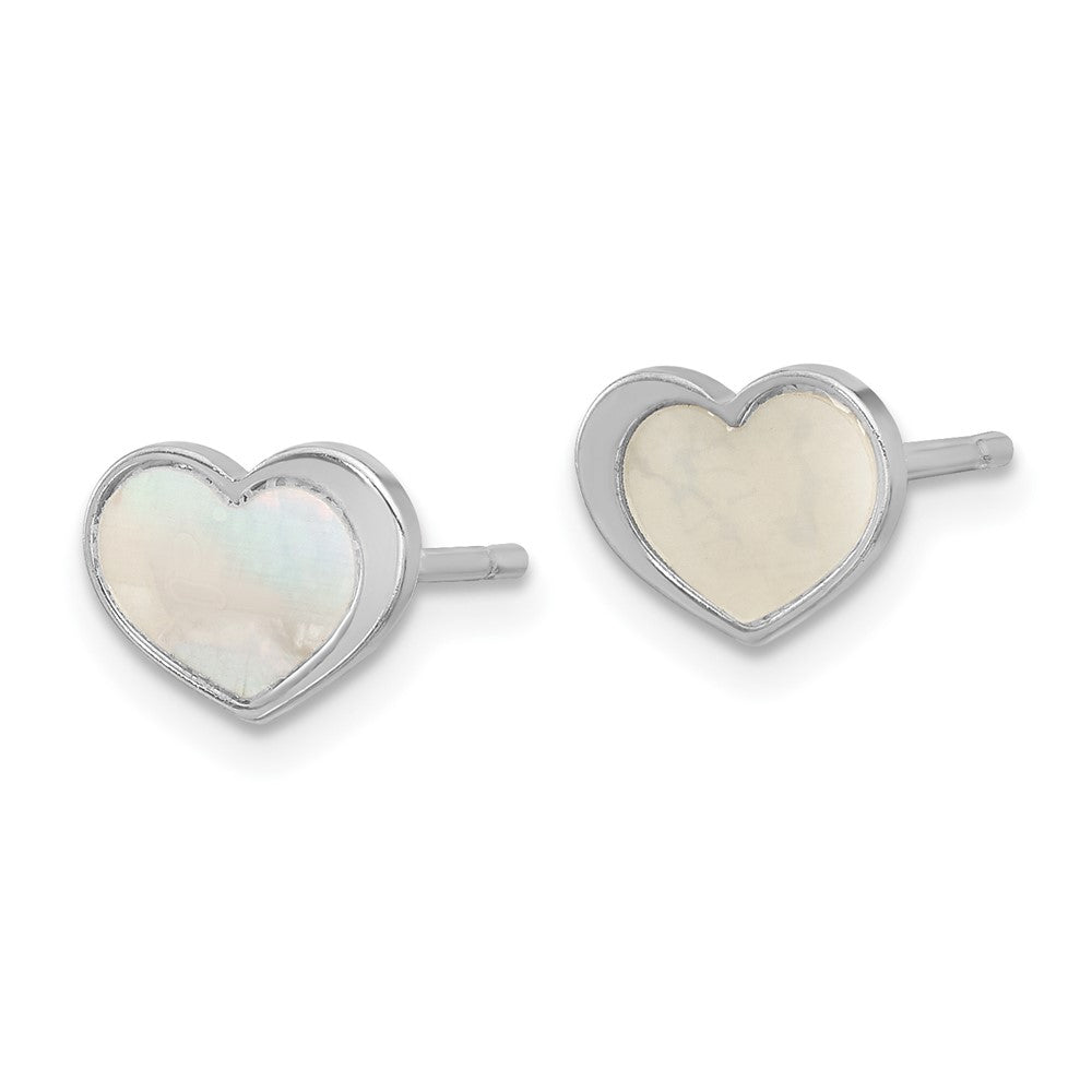 Sterling Silver Rhod-plated Mother of Pearl Heart Post Earrings