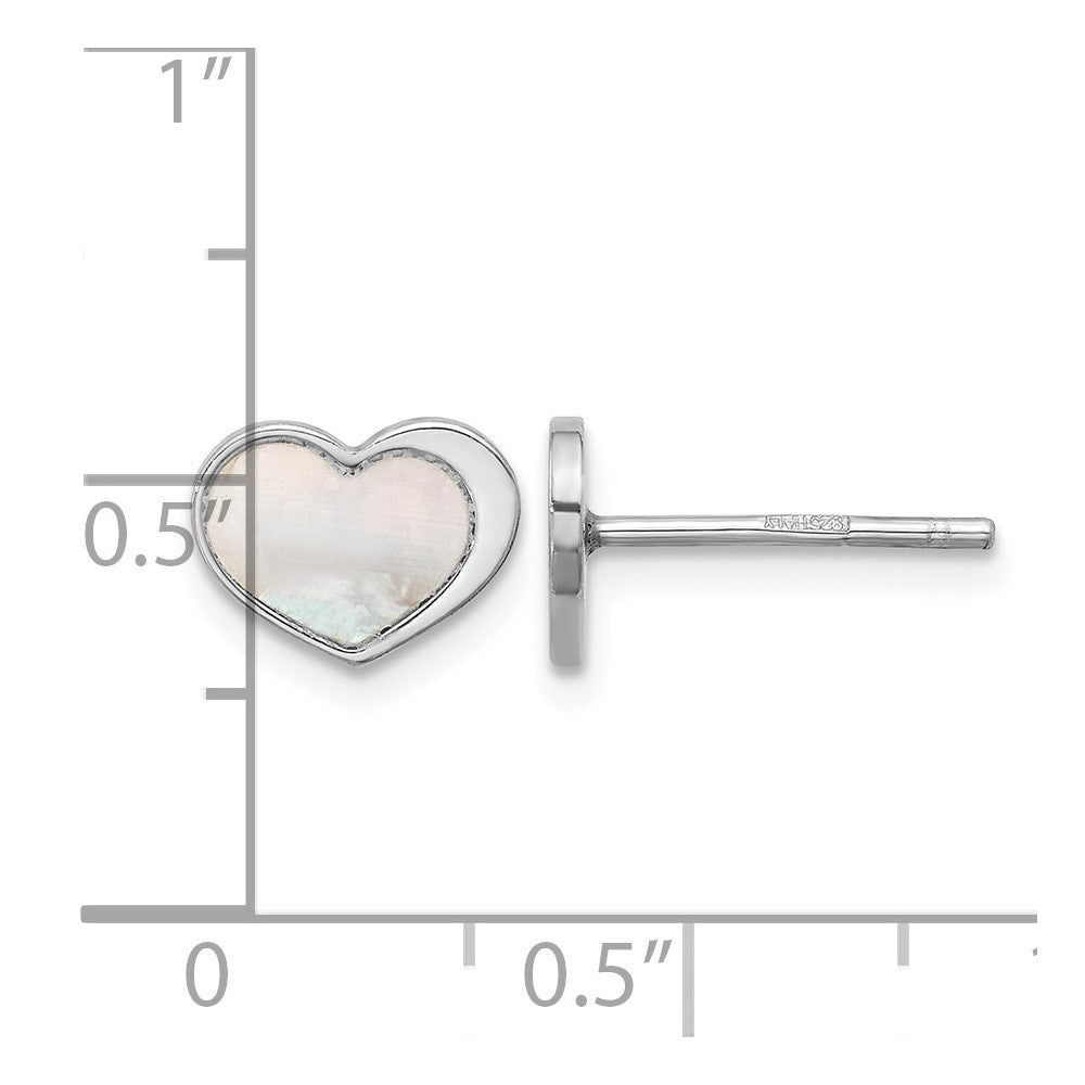 Sterling Silver Rhod-plated Mother of Pearl Heart Post Earrings