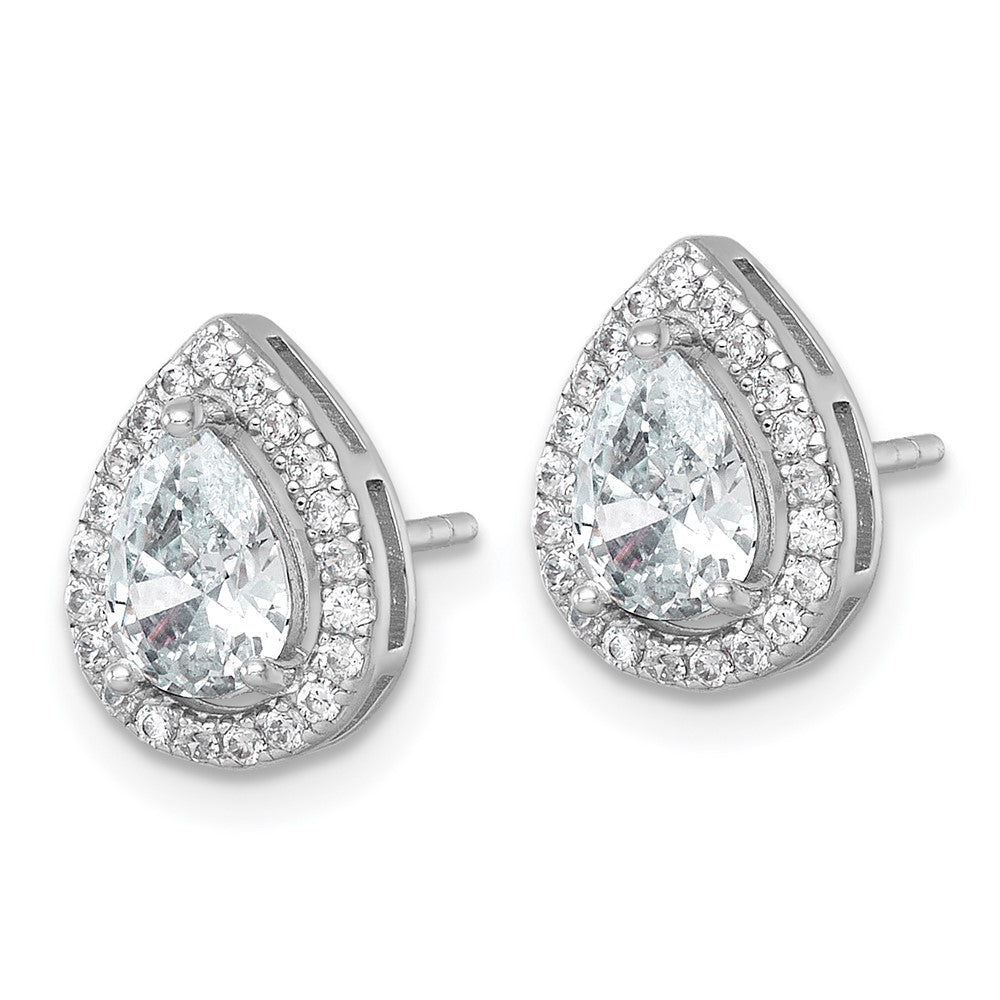 Sterling Silver RH-plated Polished 11x9mm Halo Pear CZ Post Earrings