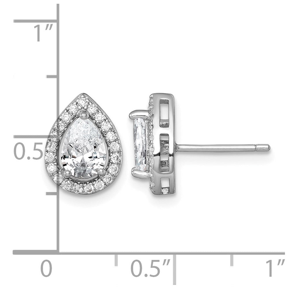 Sterling Silver RH-plated Polished 11x9mm Halo Pear CZ Post Earrings