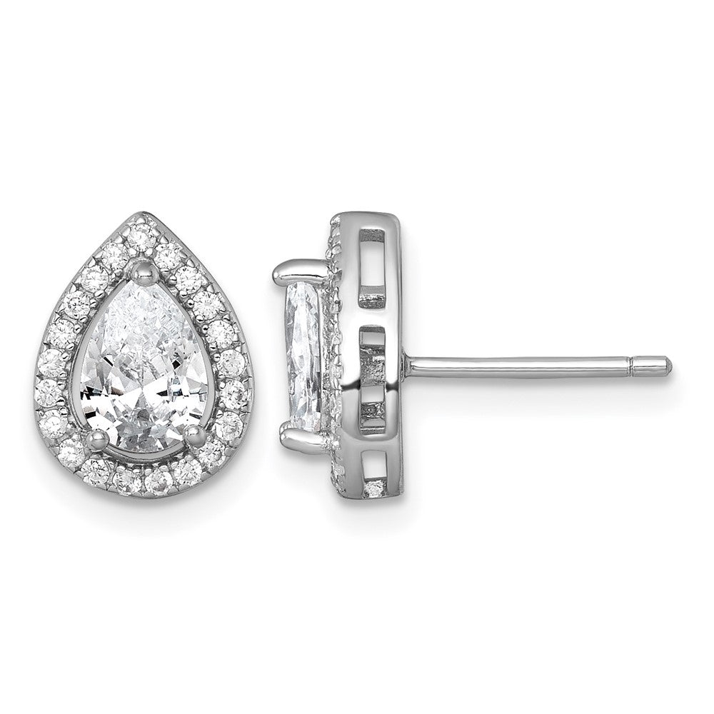 Sterling Silver RH-plated Polished 11x9mm Halo Pear CZ Post Earrings