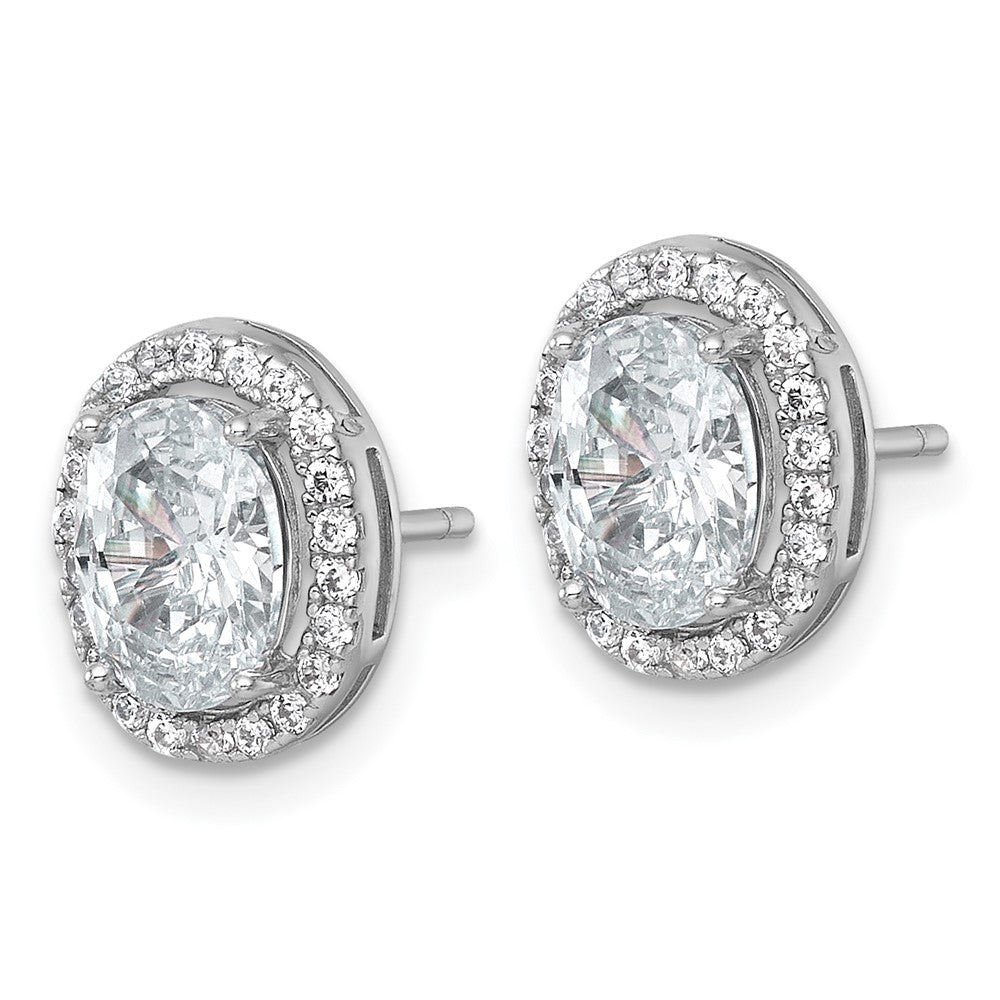Sterling Silver RH-pltd Polished 11x9mm Oval Halo CZ Post Earrings