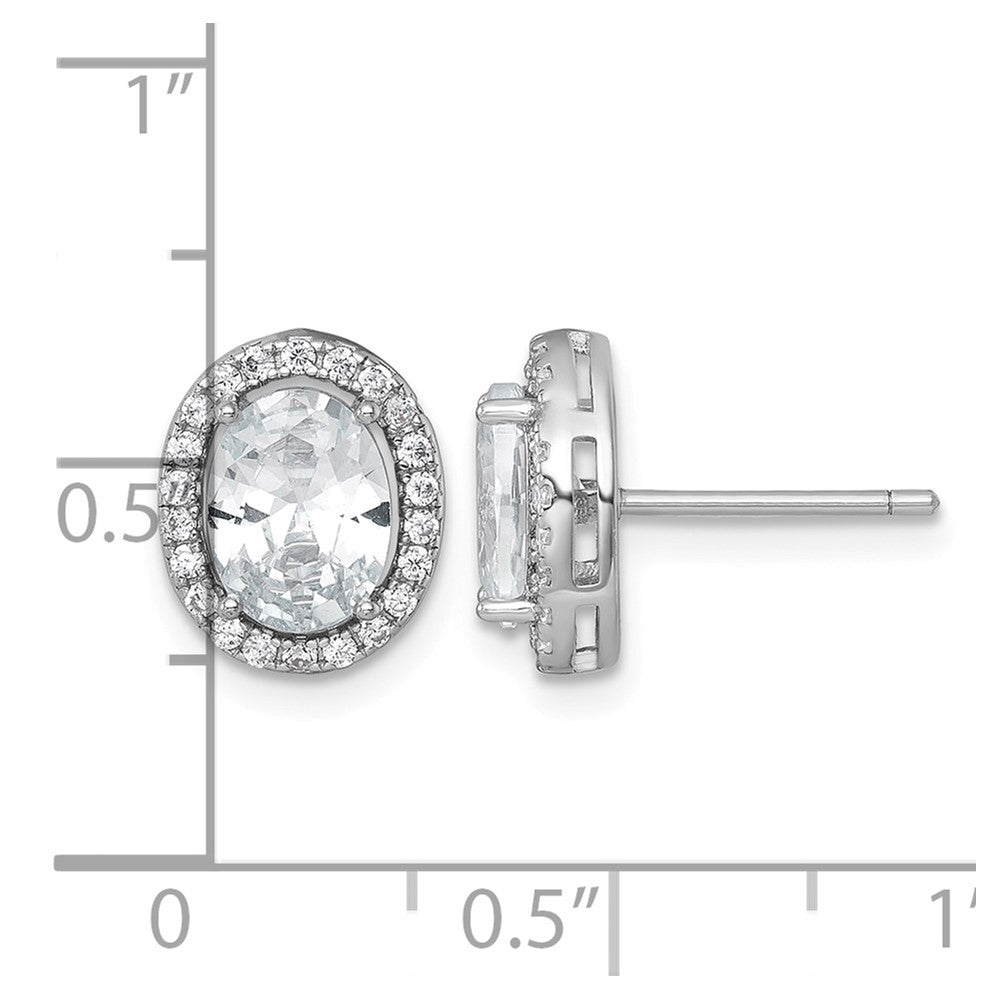 Sterling Silver RH-pltd Polished 11x9mm Oval Halo CZ Post Earrings