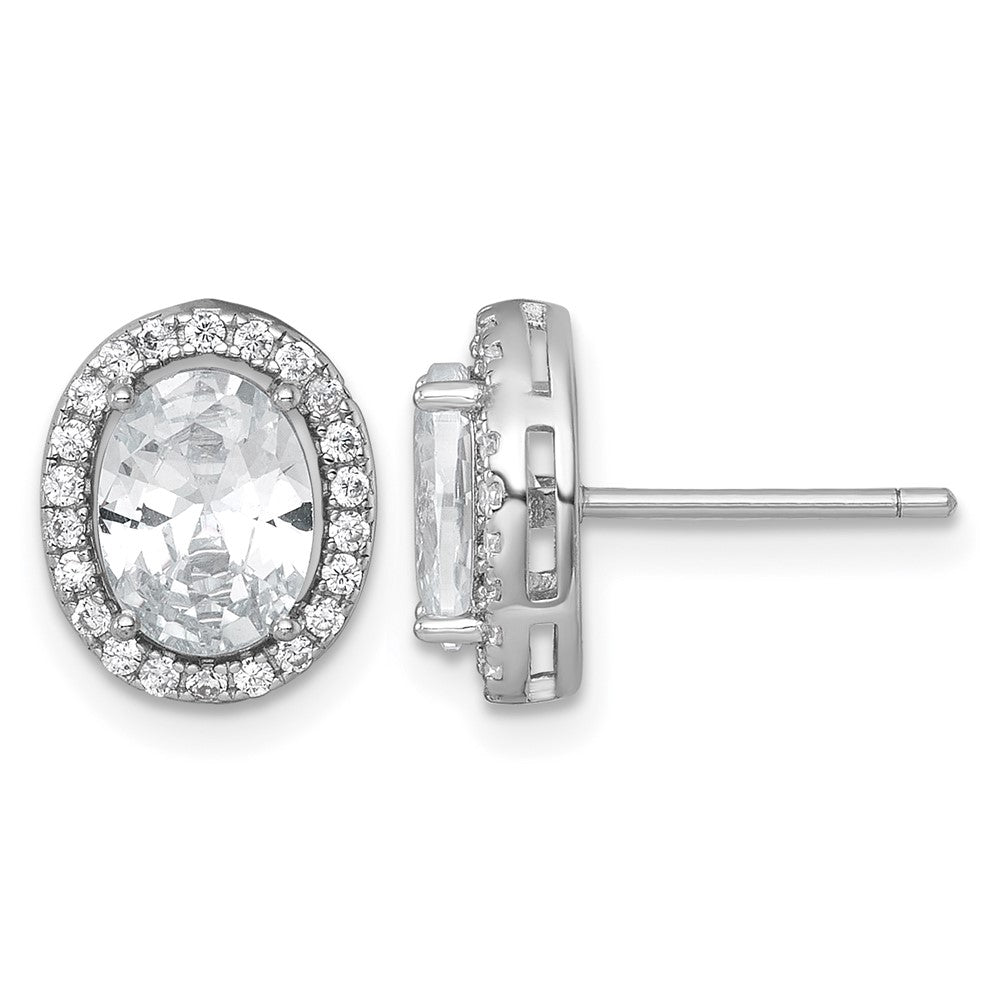 Sterling Silver RH-pltd Polished 11x9mm Oval Halo CZ Post Earrings