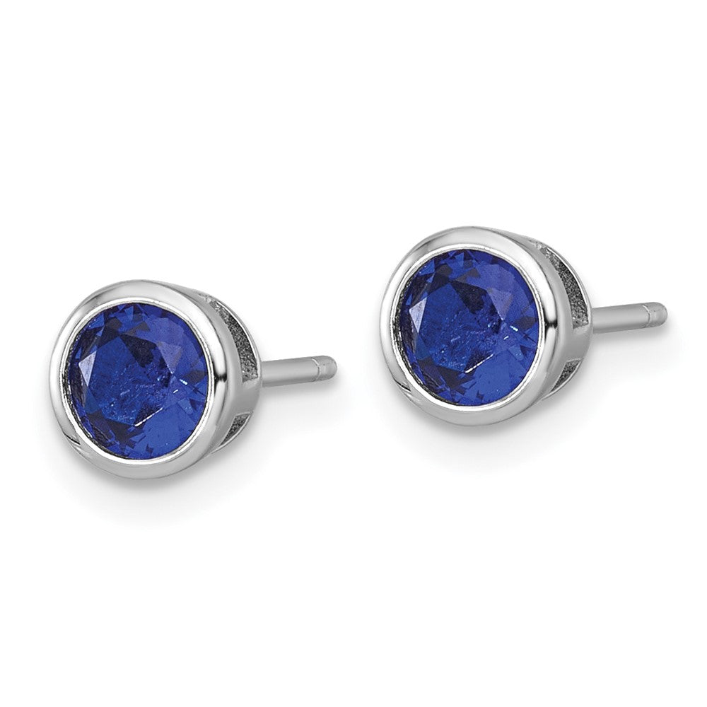 Sterling Silver RH-plated Polished Bezel Set 6.2mm Blue CZ Stud Earrings