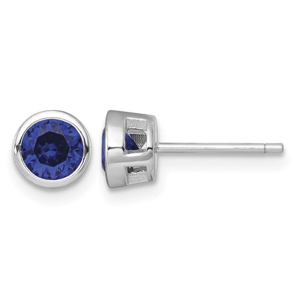Sterling Silver RH-plated Polished Bezel Set 6.2mm Blue CZ Stud Earrings