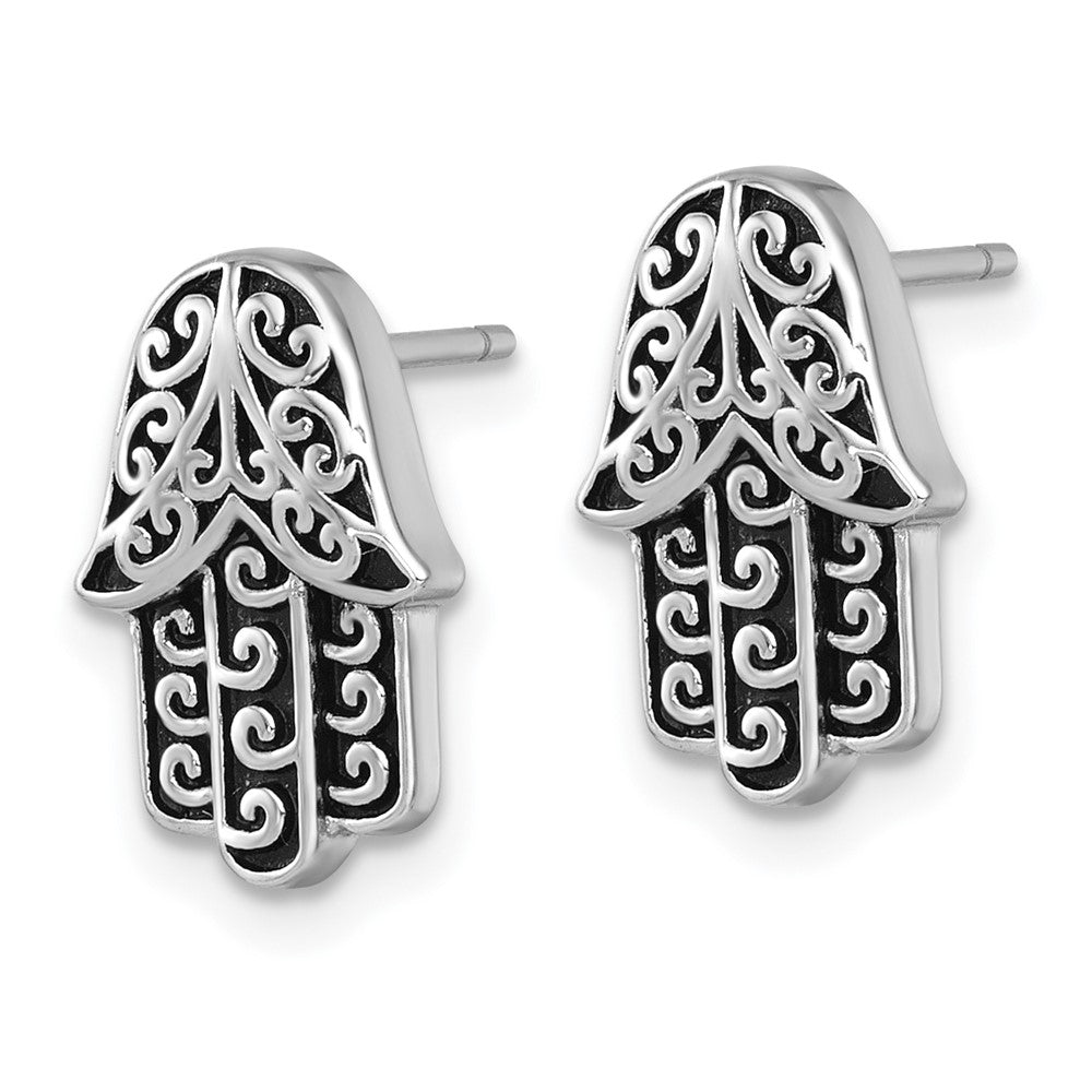 Sterling Silver RH-plated Polished/Oxidized Filigree Hamsa Post Earrings