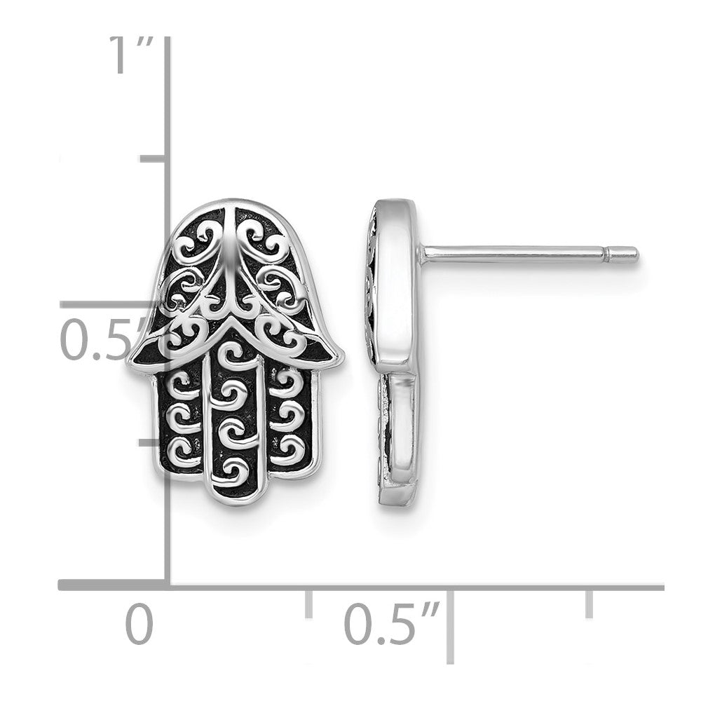 Sterling Silver RH-plated Polished/Oxidized Filigree Hamsa Post Earrings