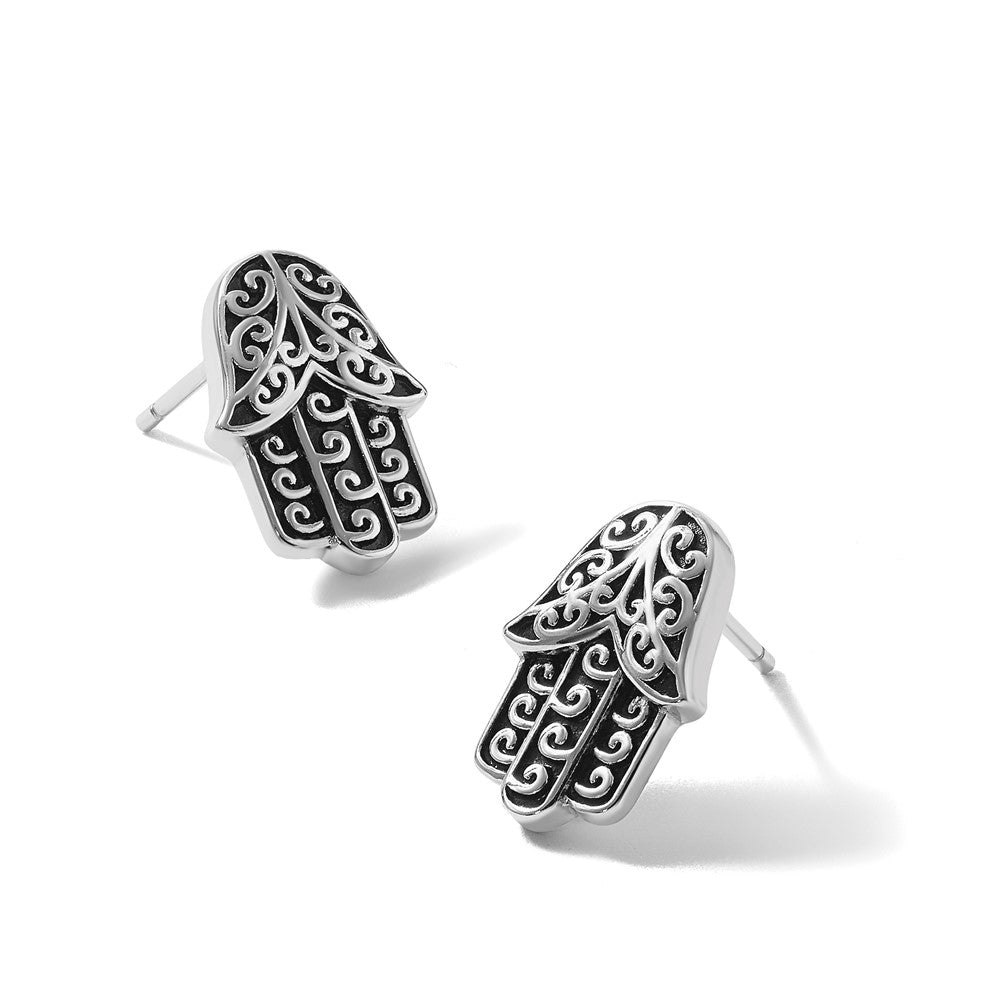Sterling Silver RH-plated Polished/Oxidized Filigree Hamsa Post Earrings