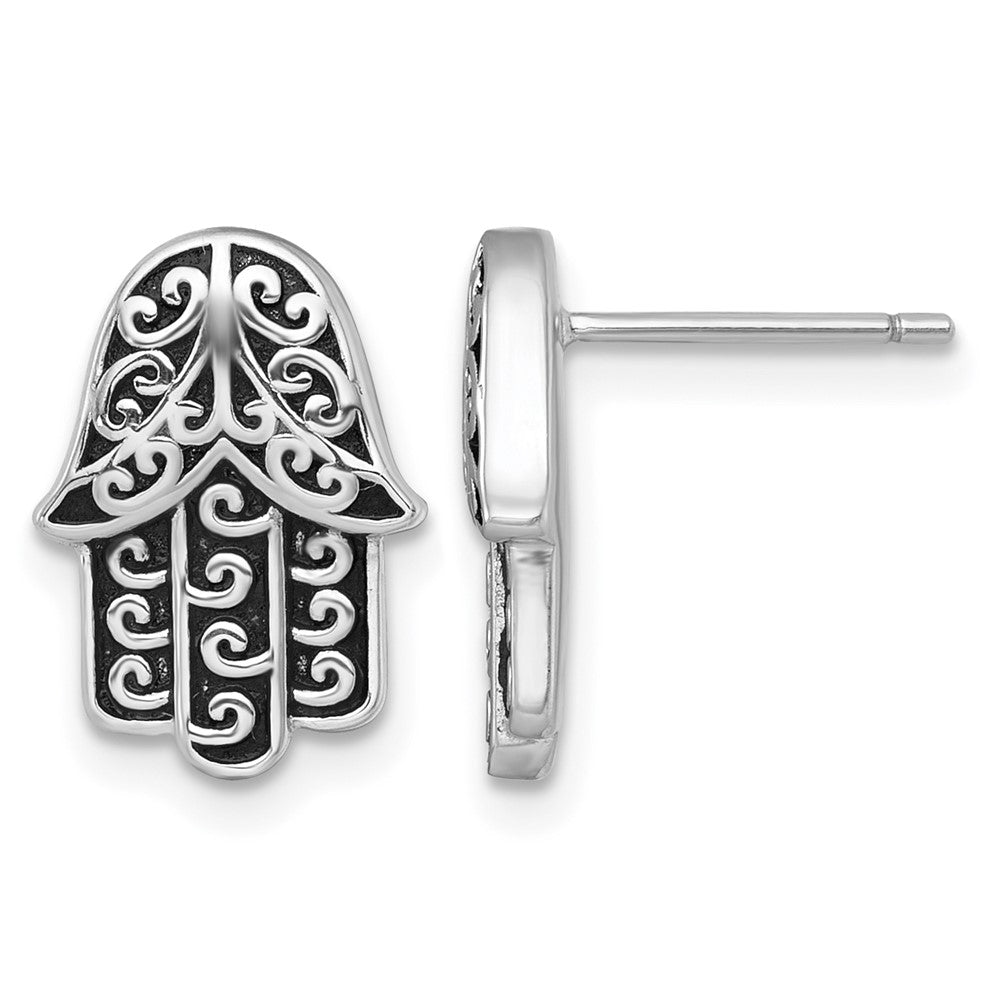 Sterling Silver RH-plated Polished/Oxidized Filigree Hamsa Post Earrings