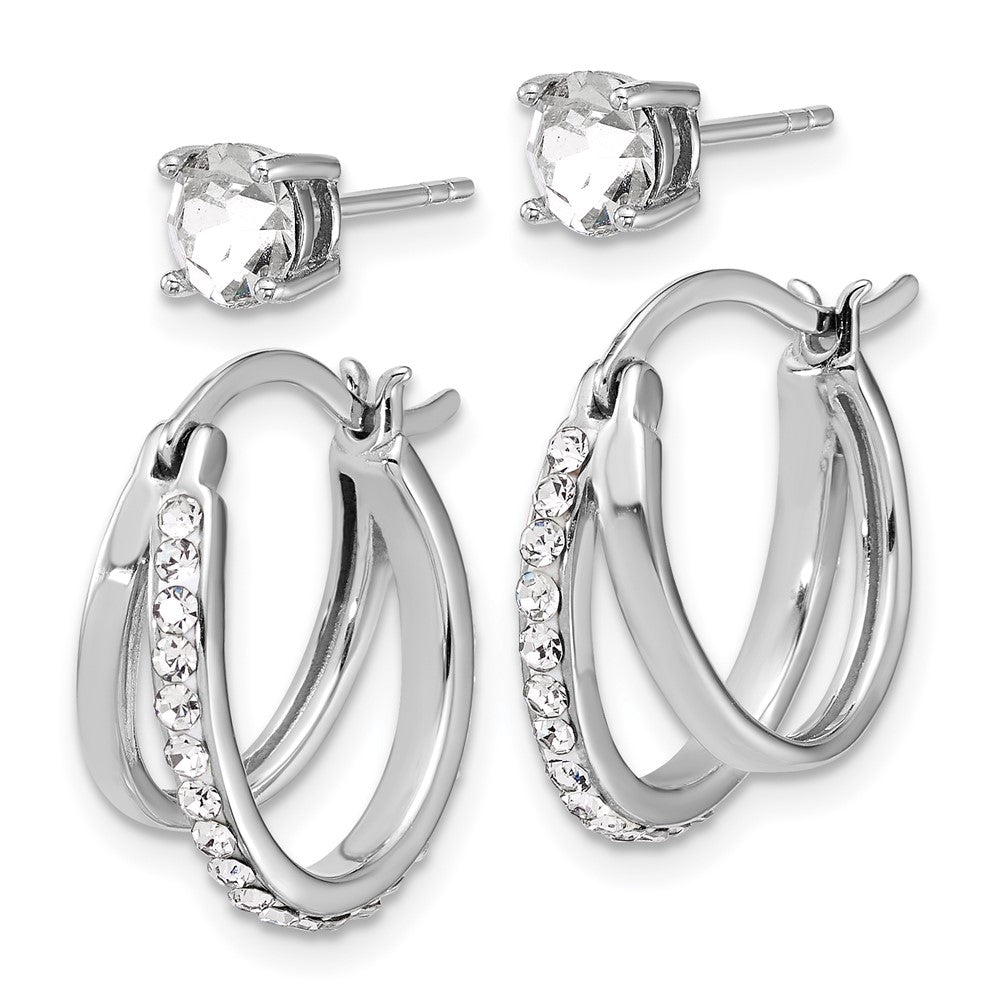 Sterling Silver Platinum Flash-plated White Crystal Post/Hoop Earring Set