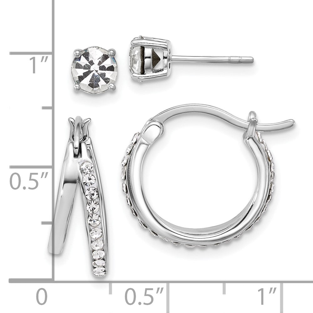 Sterling Silver Platinum Flash-plated White Crystal Post/Hoop Earring Set