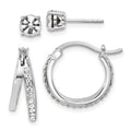 Sterling Silver Platinum Flash-plated White Crystal Post/Hoop Earring Set