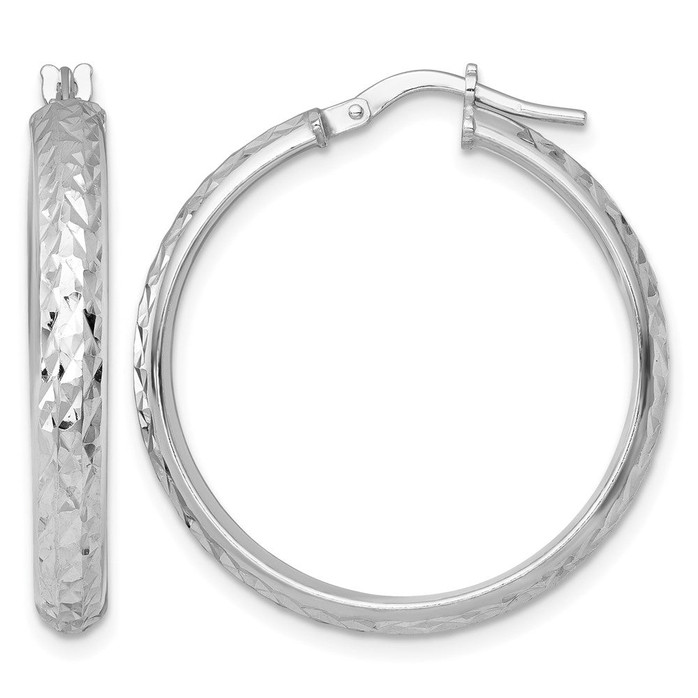 Sterling Silver RH-plated Polished and Diamond-cut Hoop Earrings
