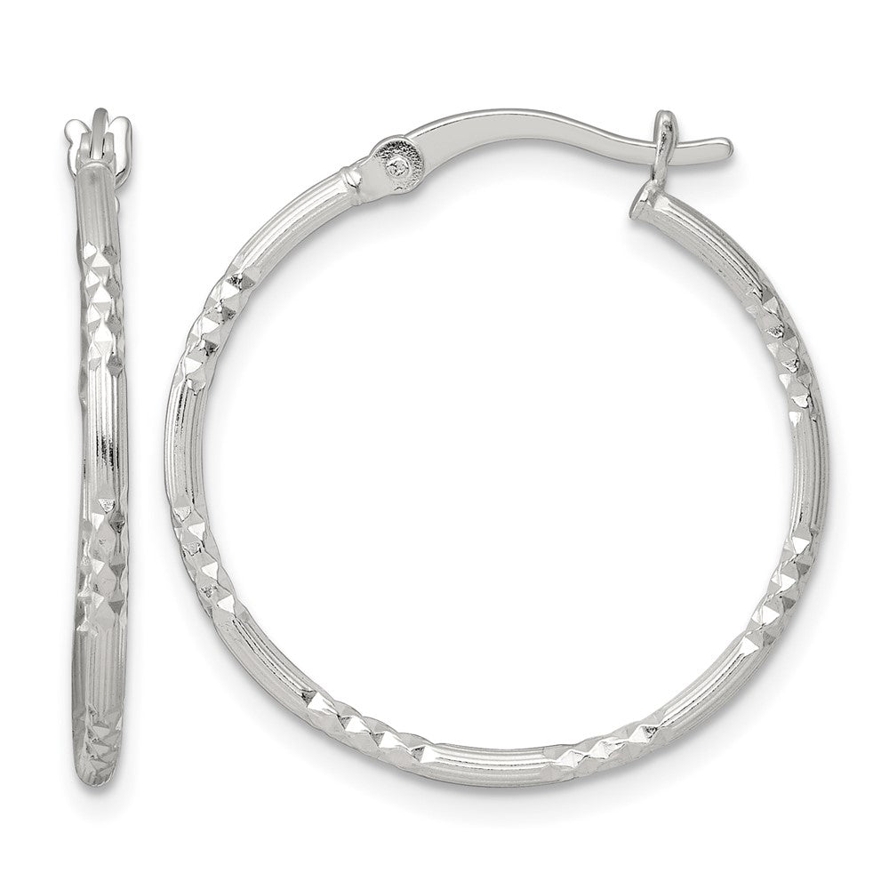 Sterling Silver Polished D/C Textured 25x1.5mm Round Hoop Earrings