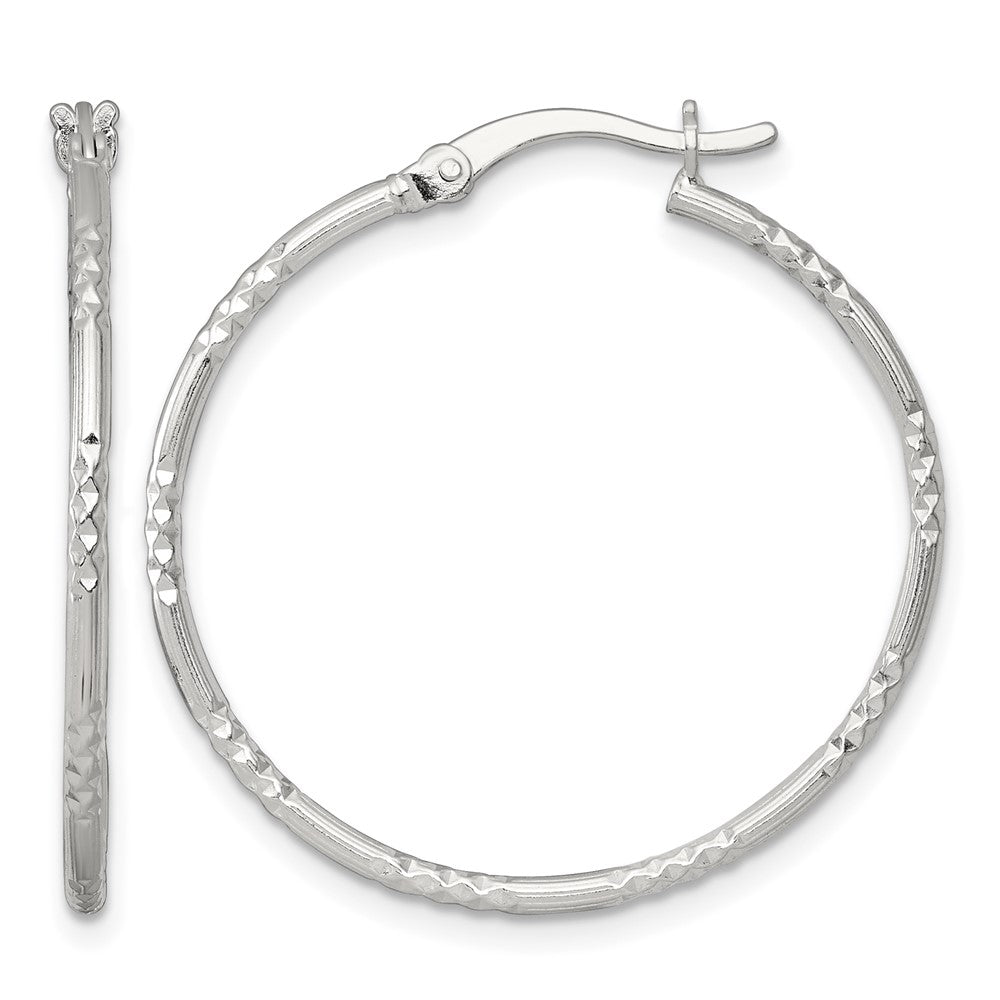Sterling Silver Polished D/C Textured 30x1.5mm Round Hoop Earrings