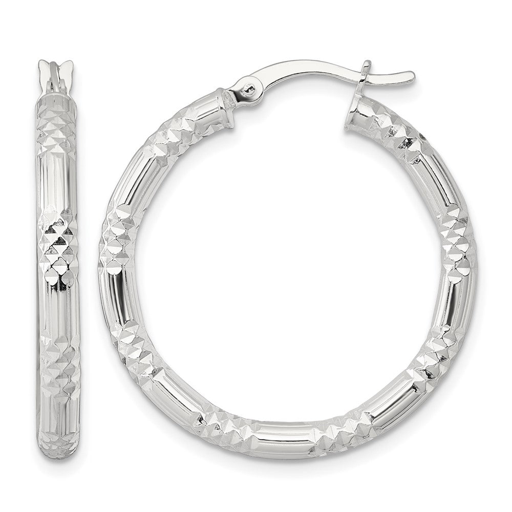 SS Polished D/C Textured 30x3.25mm Round Hoop Earrings