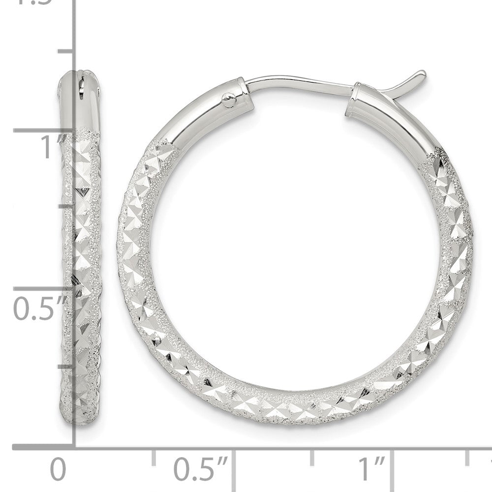 Sterling Silver Laser/Dia-cut 30x3.25mm Hidden Catch Round Hoop Earrings