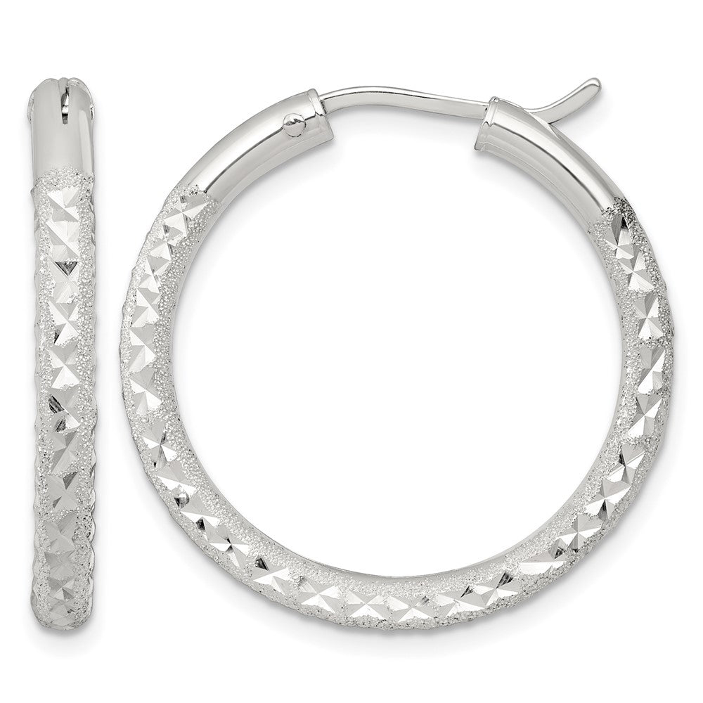 Sterling Silver Laser/Dia-cut 30x3.25mm Hidden Catch Round Hoop Earrings