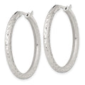 Sterling Silver Laser/Dia-cut 35x3.25mm Hidden Catch Round Hoop Earrings
