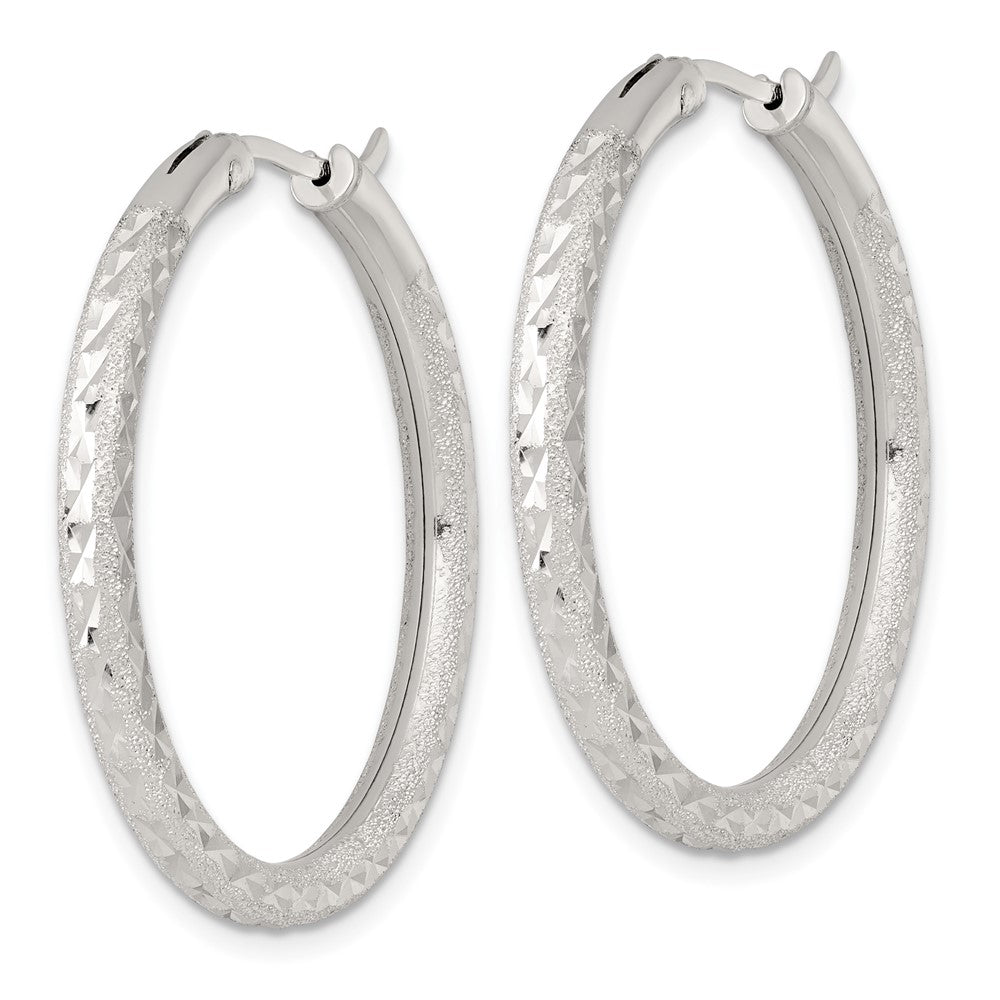 Sterling Silver Laser/Dia-cut 35x3.25mm Hidden Catch Round Hoop Earrings