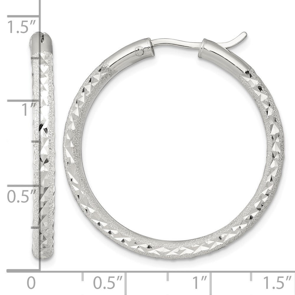 Sterling Silver Laser/Dia-cut 35x3.25mm Hidden Catch Round Hoop Earrings